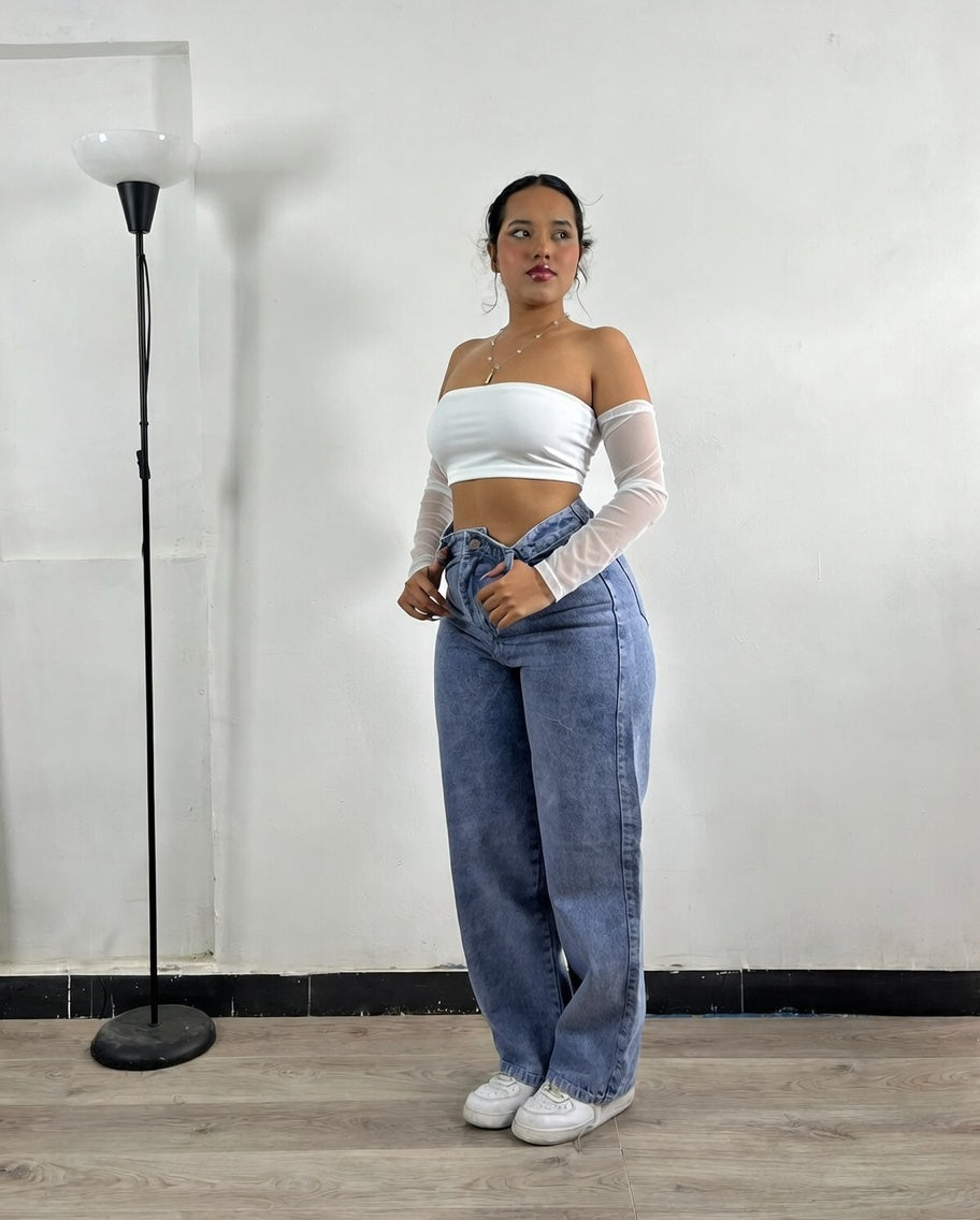 Combo Jean bota recta + top mangas malla