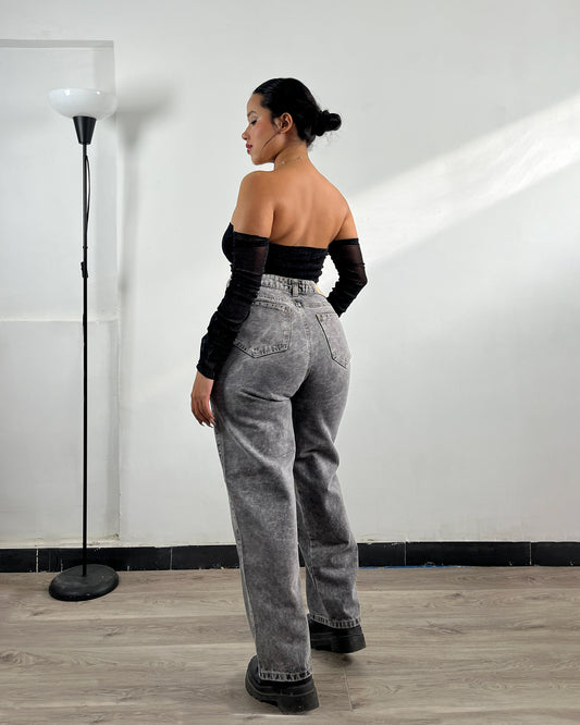 Combo Jean bota recta + top mangas malla